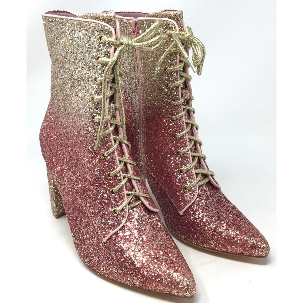 Glitter Ombre Lace Up High Heel Boots Gold Pink Block Heel Party Shoes Size 9 - Picture 2 of 7